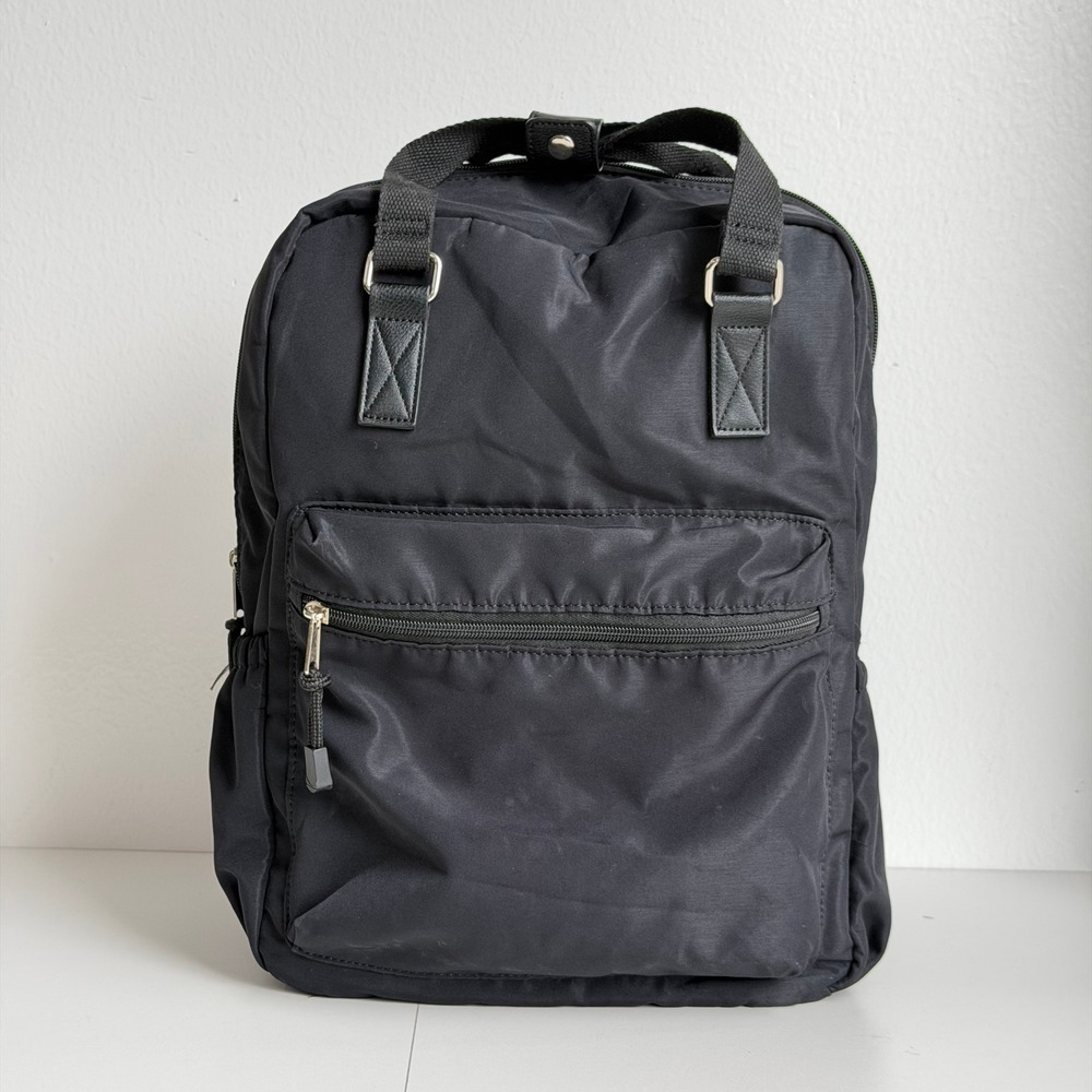 Wild Fable Square Backpack Women Black Solid Nylon 2-Pocket Book Bag Rucksack